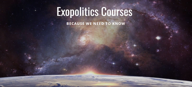 Earth seen from space at sunrise. Text "exopolitics courses"